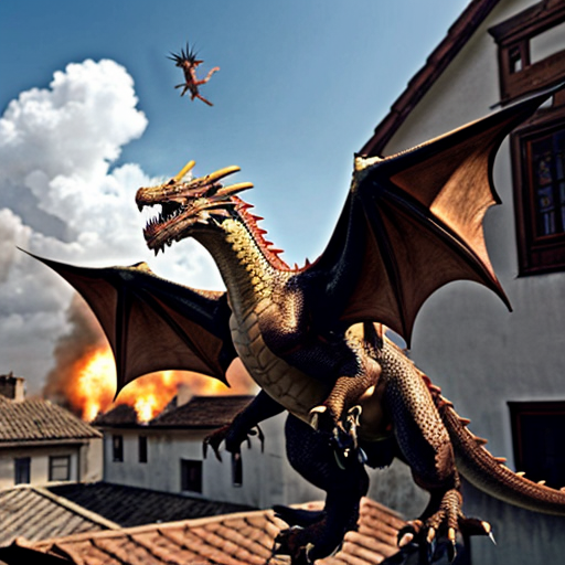 Draw me a mythological dragon flying through the sky above a village, breathing fire on the houses