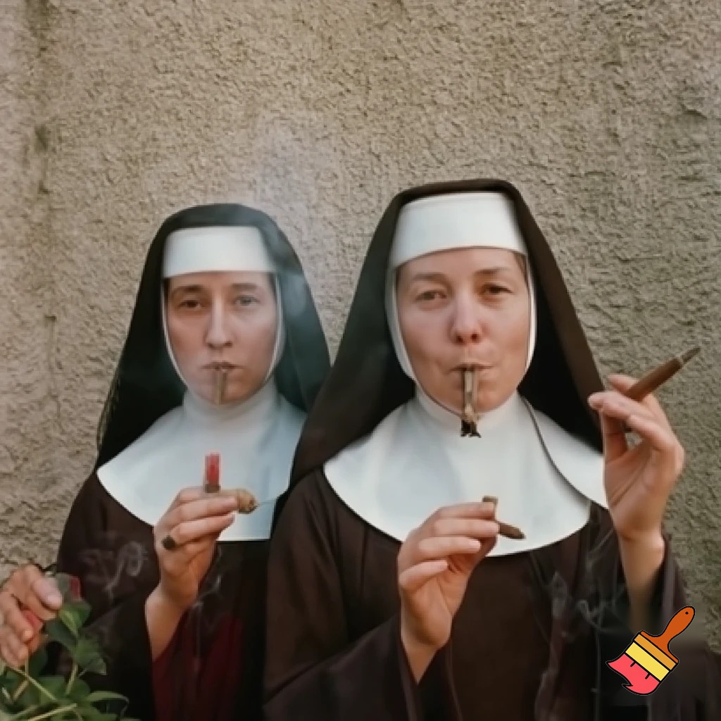A picture on 2 nuns smoking cigars called the 'Stogie Sisters'.