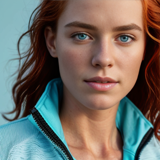 Close-up portrait of a woman with vibrant wavy red hair and blue eyes, wearing a teal zip-up athletic jacket partially unzipped, soft natural lighting, blurred indoor background, photorealistic.