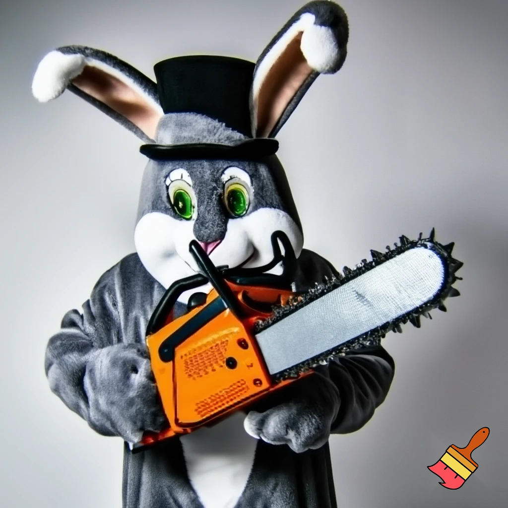 Easter bunny with a chainsaw with a top hat mascot costume