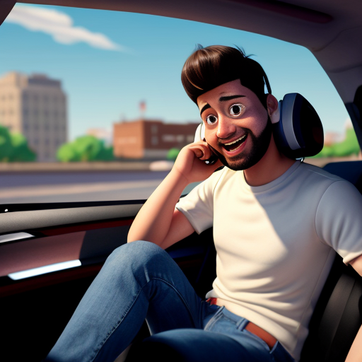 Pixar-style 3D cartoon, young Muslim man, 20 years old, beard, black jeans, white shirt, sitting in a car, holding phone to his ear, answering a call, relaxed pose, big expressive cartoon eyes, friendly smiling face, city visible through car windows in the background, bright colors, cinematic lighting, simple cartoon style