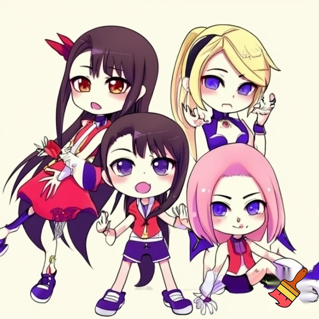 Create an action Chibi base pose image. 4 characters each representing the personalities of Akko, Diana Cavendish, Sucy, and Lotte. So, dress them up as kingdom hearts outfits. But use themes from the show combined with the game. Make sure it’s colored and detailed. Add stars