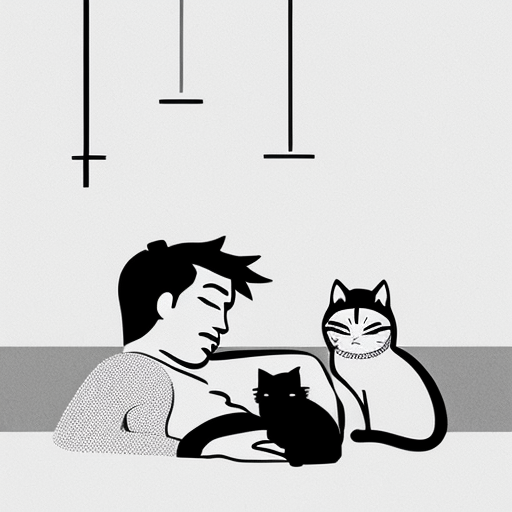 minimalist humorous line art of sleeping couple and cats, simple outline, stencil style
