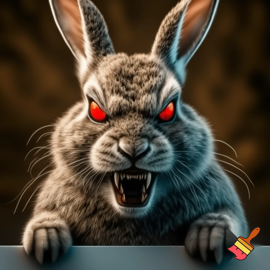 European rabbit red glaring eyes sharp teeth and fur holding a sign angry face firce
