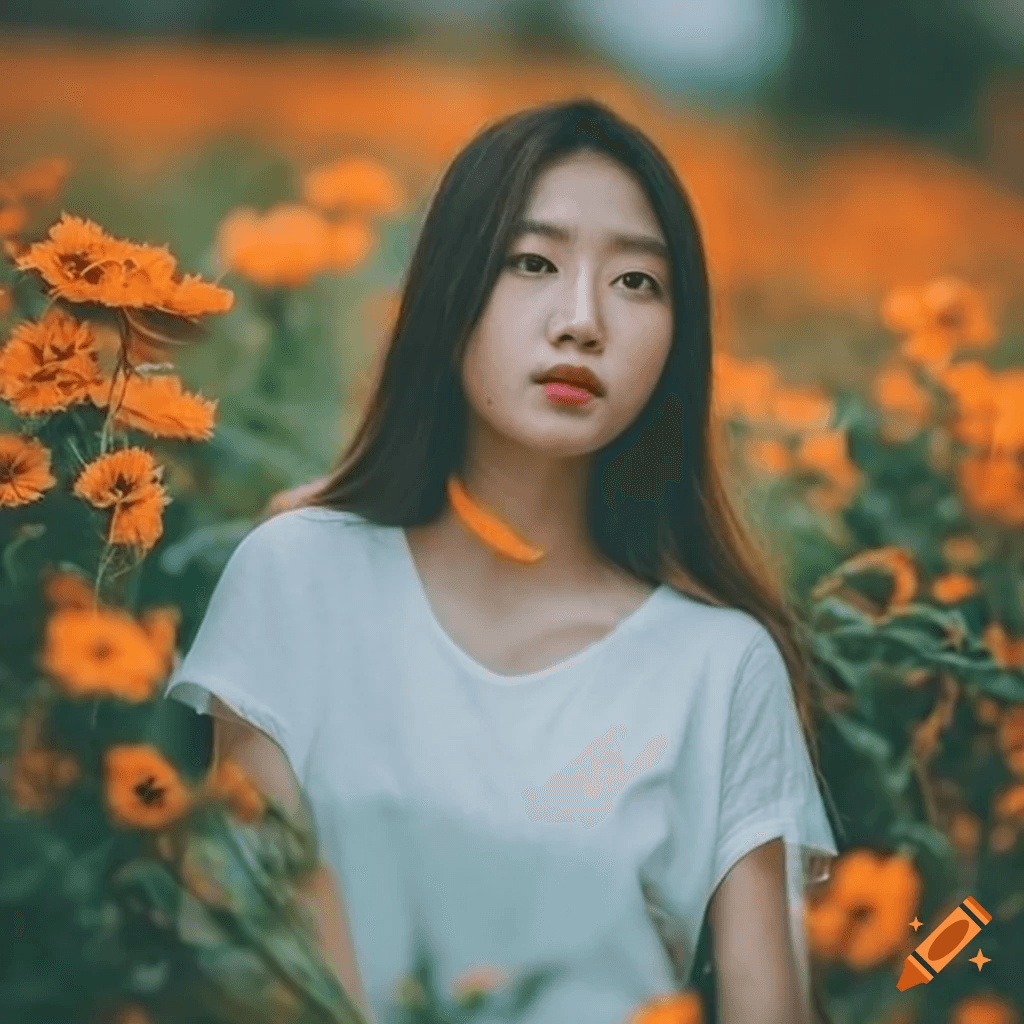 Realistic AI photograph of an Asian woman in a field of orange flowers