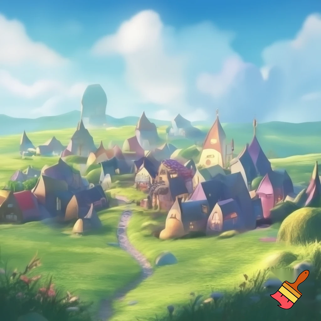 A cute town mythical town in a meadow. It has pastel color houses 