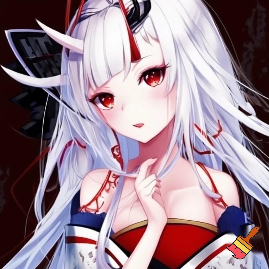 anime girl with white hair and red eyes and cultural japonese 