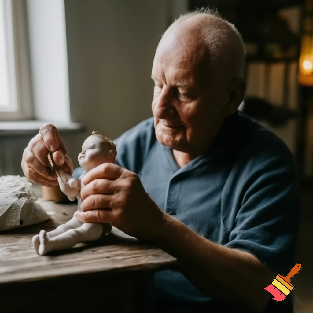 A realistic photograph of an elderly man sitting at a small wooden table, gently repairing a broken doll.
The scene looks natural and lifelike, with soft daylight coming from a nearby window.
The man’s face is warm and kind, with detailed wrinkles and calm eyes.
The background shows a simple cozy room with a nostalgic atmosphere.
Realistic lighting and natural colors.
