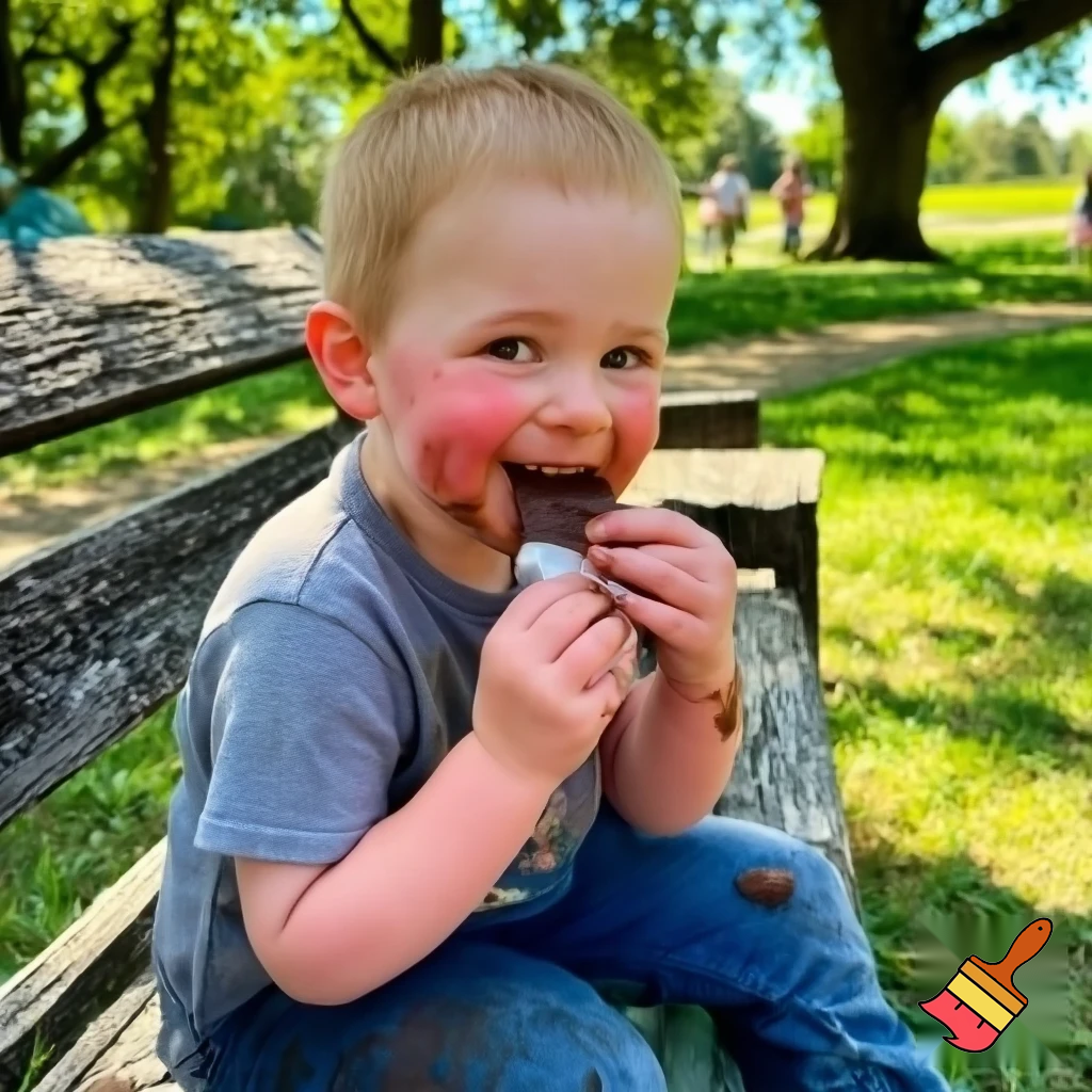 Muéstrame un niño en un parque comiendo chocotejas