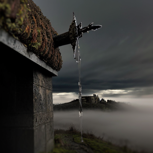  dark fantasy: a grim band of dwarves in battered iron armor, caked with mud and frost, strain at the winch of a colossal ballista crafted from blackened oak and corroded iron at the foot of a somber mountain fortress; a massive crossbow bolt with a jagged iron tip launches from the weapon's frame with a splintering crack, soaring upward through low-hanging grey clouds toward a colossal dragon with scales the color of weathered basalt and broken horns, hovering in the mist above a deep ravine; the dragon's leathery wings stretch wide, its eyes glowing with a dull crimson light in the gloom; around the dwarves—wet stone walls slick with moisture, fog clinging to battlements, raindrops dripping from thick beards; cold color palette: slate grey, charcoal black, deep moss green, muted burgundy; cinematic low-angle shot, stark chiaroscuro lighting, atmosphere of desperation and grim resolve, highly detailed textures of rusted metal and damp stone, no text on image