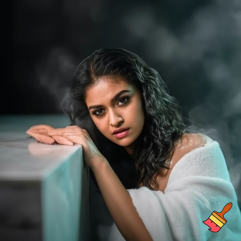 Portrait of  Keerthy suresh with wet, wavy hair, wrapped in a white towel, leaning on a marble bathroom counter with steam in the background, neutral expression, realistic photography style, high detail