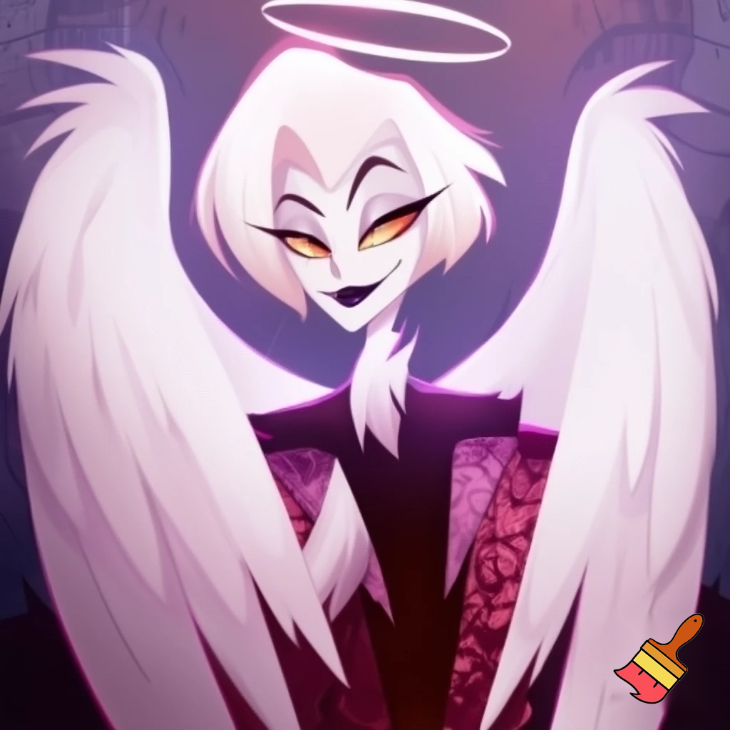 A Male humanoid white-skinned angel with pale yellow-golden eyes, black lips, and short pale white hair that has been cut into an asymmetrical bob cut with an undercut. He has a kind face, wears different clothing, and white wings. Full Body from the head-to-the feet. Hazbin Hotel Animation.