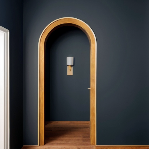 Dark blue wall with mdf arch With subtle details in gold and wooden slats under the arch and painted dark blue