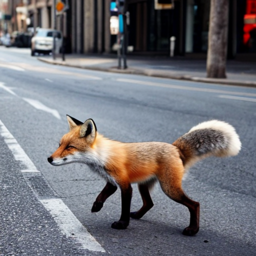 Ein Fuchs als Mann geht über eine Straße.