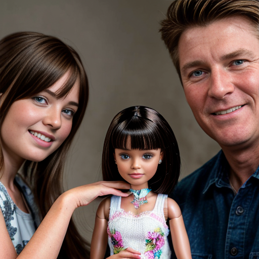 make a family photo of 3 with a 3 year old barbie and a 15 year old ken with there dad.   make barbie 3 years old make ken 15