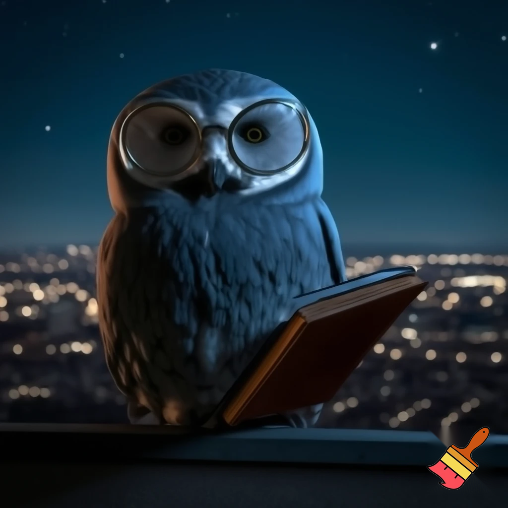Búho erudito llamado PlumaSabia, con plumaje gris azulado y motas doradas. Lleva gafas redondas metálicas y sostiene un libro viejo bajo un ala. Está posado en un tejado nocturno con estrellas y luces de la ciudad al fondo. Estilo ilustración elegante, atmosférica, con detalles finos y tono sabio.”

Si quieres, también puedo: