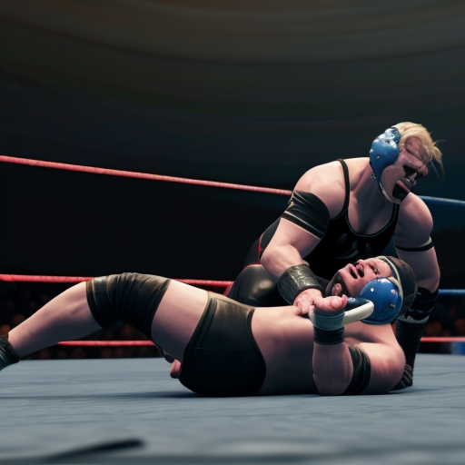 Generate an image of a curvy Queen Marika (from elden ring) getting defeated in a wrestling fight by king from the tekken serie