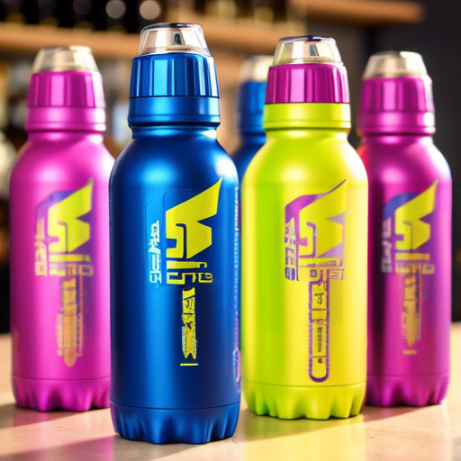 an energy drink bottle for boosterade  the bottle is blue yellow and pink
