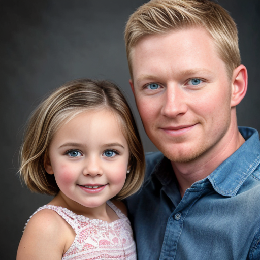 can you make a family photo with one three year old daughter, I'm the wife and mother and I have blonde hair and blue eyes, and add in a husband

