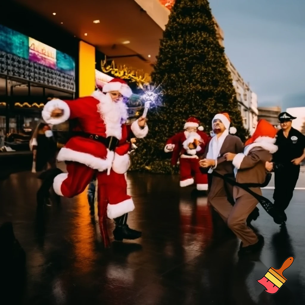 Santa Claus dancing shopping Centre walking Australian magic walking stick walking stick star running outside of the shopping centre on the Christmas tree  policeman are running the two naughty Santa Claus the two good Santa Claus and the naughty one