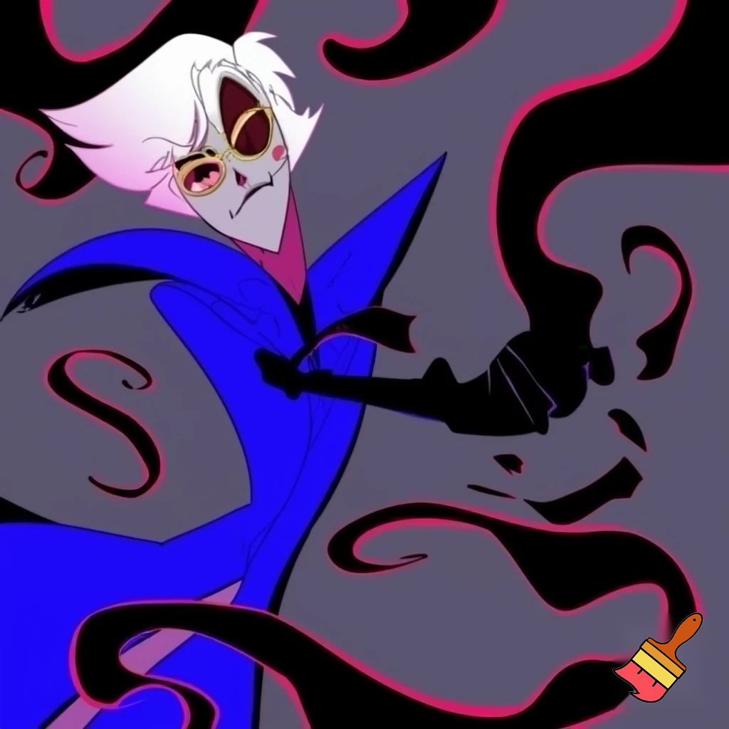 A tall, lean pale man with white hair, distinctive round brass glasses he has a stern look on his face. his face In cartoonish art style of hazbin hotel wearing his signature blue overcoat with black sinister smoke curling around him his hand reaching out, producing the black sinister smoke