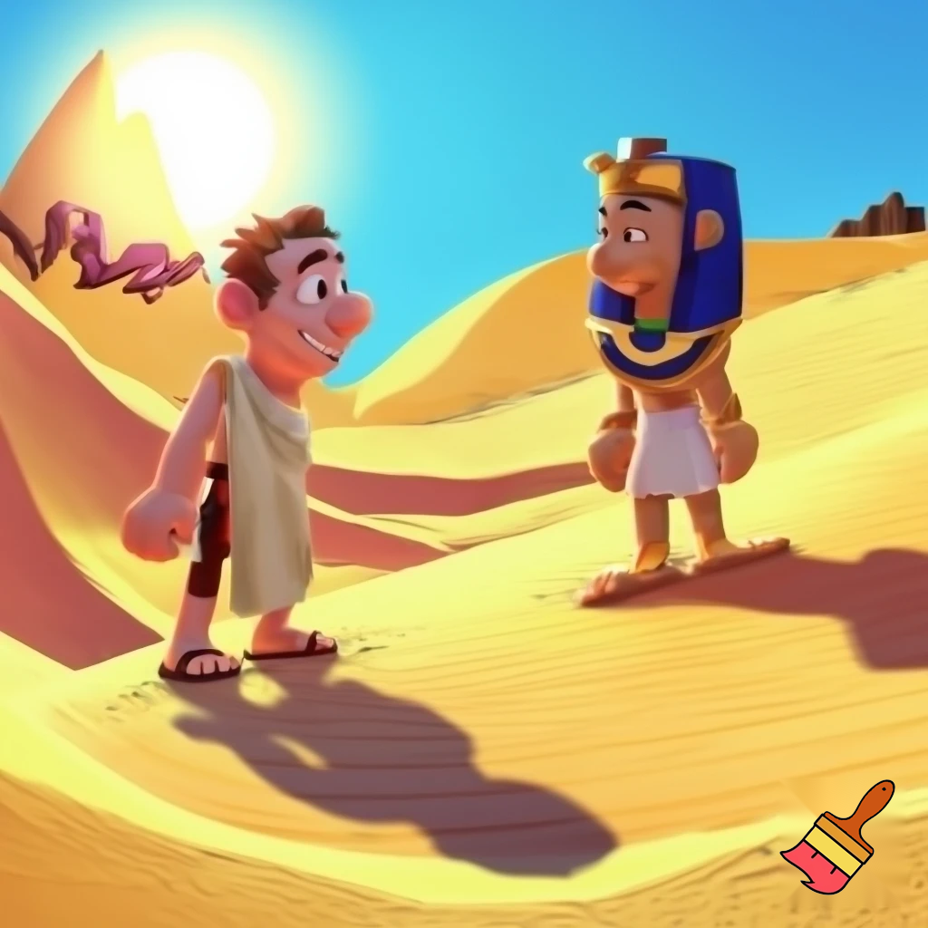 standing on sand dunes, bright desert sun, border between Rome and Egypt, comedic tone, cartoon style, both standing and facing each other.