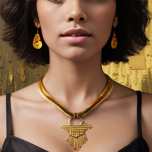 Ultra-realistic oil painting portrait of a confident young Black woman with voluminous curly dark hair accented with thick, textured gold paint strokes, wearing long gold drop earrings and an ornate multi-strand gold statement necklace with large circular pendants, dressed in a thin-strapped 
gold metallic satin-top. She has warm deep brown skin with smooth, blended oil paint brushstrokes defining her full lips, and sharp dark eyebrows, with direct eye contact toward the viewer. 
The background is a textured gold canvas with visible thick, expressive impasto brushstrokes in varying shades of warm gold and deep bronze. 
Medium close-up shot, eye-level camera angle, centered composition, soft directional side lighting creating warm specular highlights on her skin, jewelry, and hair, with soft, blended shadows that enhance the dimensionality of the paintwork. A rich, warm color palette of browns, warm gold, and amber characterizes this luxurious, high-quality artistic style in the spirit of Lee Bogle.
The pronounced impasto texture of the oil painting permeates the entire artwork. The atmosphere feels atmospheric, majestic, and elegant. High resolution, sharp detailed brushwork.  
