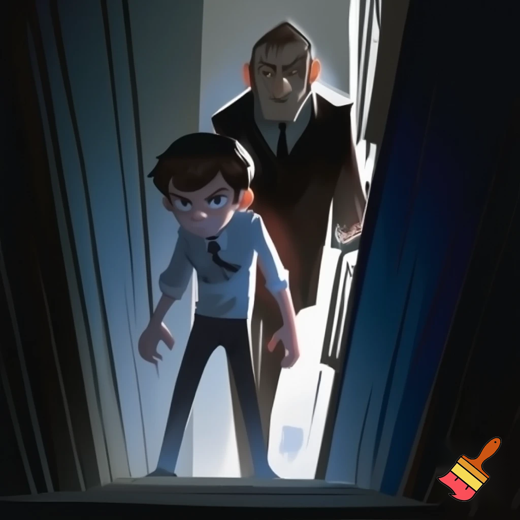 A boy in school uniform with his aggressive dad