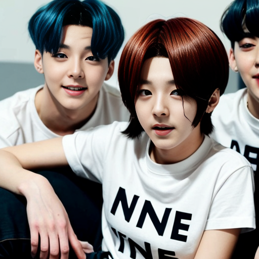 an anime girl in a photo witn tne boy band bts as anime charecters and she has neni written on her shirt