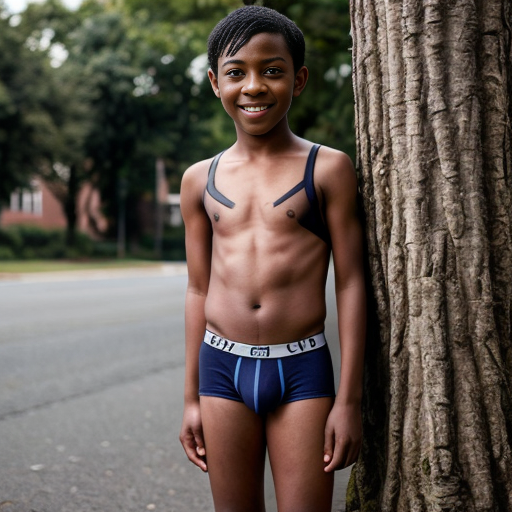 A visibly embarrassed ten year old boy poses outdoors in front of a tree in his briefs. He is black. He is chubby.