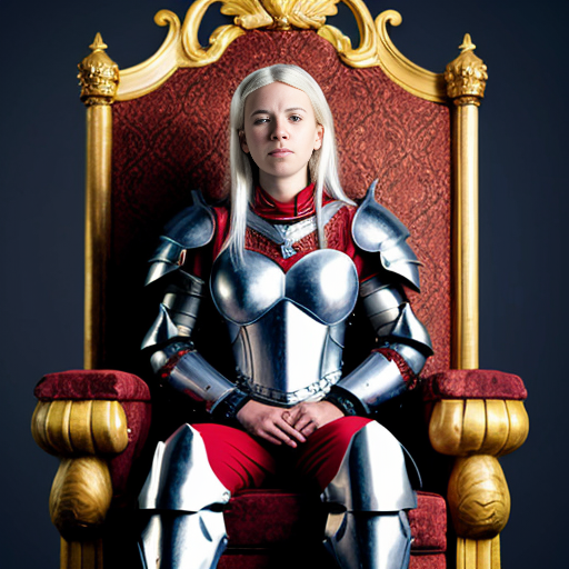 young tall white-haired woman in armor sits on a throne