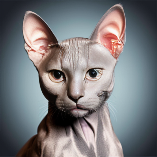 Realistic Light grey Sphynx cat with light blue eyes against a cool background. Square image 