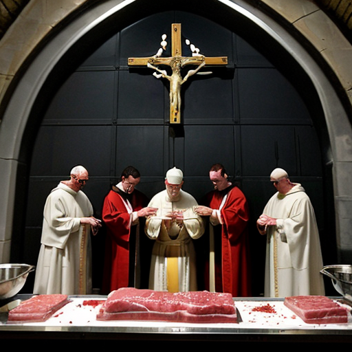 a vast, cathedral-like Vatican slaughterhouse where the sacred and the profane collide under vaulted ceilings adorned with frescoes of angels holding cleavers. Dozens of naked, headless corpses hang from meathooks in neat rows like perverse rosary beads, their skin marked with ritualistic carvings and wax-drip sealant from extinguished candles. Robed priests with blood-smeared faces oversee the operation, chanting Latin blessings while workers in biohazard suits methodically dismember carcasses on stainless steel altars, their visors fogged with condensation. The floor glistens with a slick of crimson and holy water, drains clogged with chunks of fat and discarded sacramental wafers. Along the far wall, conveyor belts transport shrink-wrapped cuts of human meat stamped with papal seals toward an industrial freezer humming beside a reliquary filled with finger bones and teeth. A single stained-glass window casts prismatic light across the scene, depicting St. Peter handing Christ a butcher’s apron