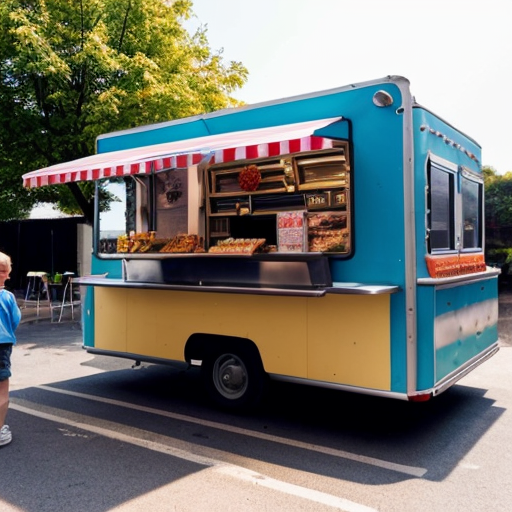 Geöffneter Foodtruck der Süßigkeiten verkauft vor einer Schule mit Kindern und großer Aufschrift AvW SchulShop 