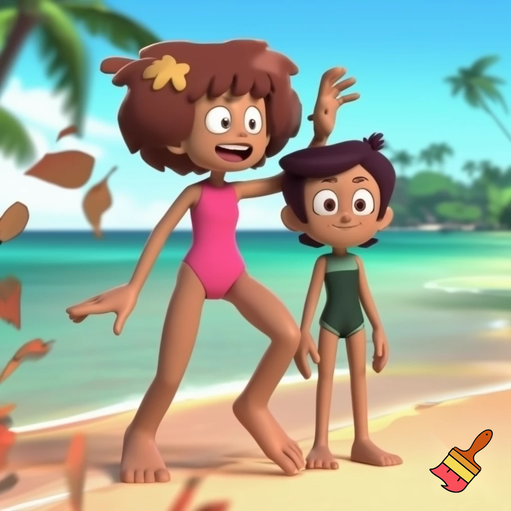 Anne boochuy from disney's amphibia wearing pink one piece swimsuit and luz noceda from disney's the owl house wearing dark green one piece swimsuit on the beach being barefoot in 3D 