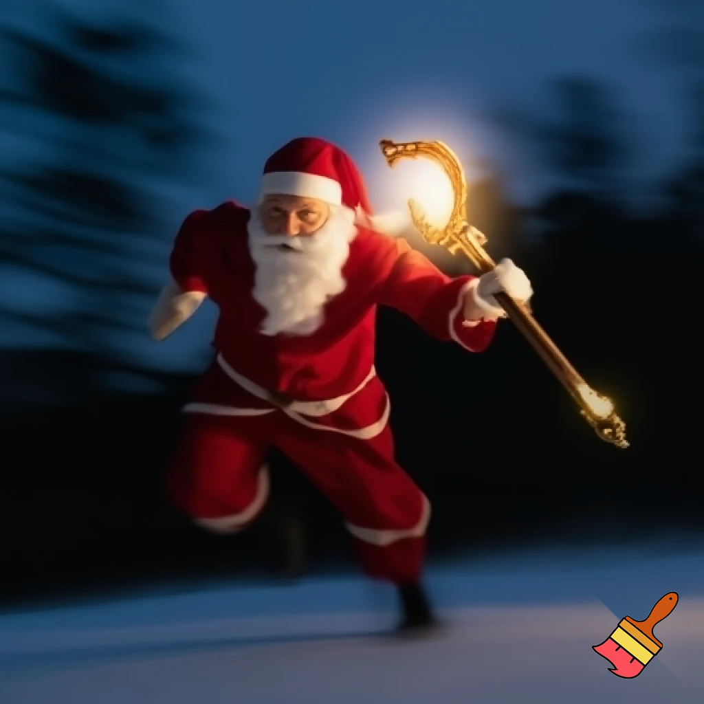 Santa Claus running with the walking stick running with his magic walking stick