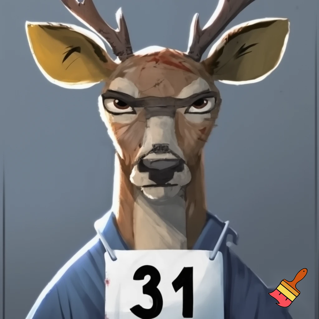 a mug shot deer criminal with a straight face with scars with a  number board looking cartoon