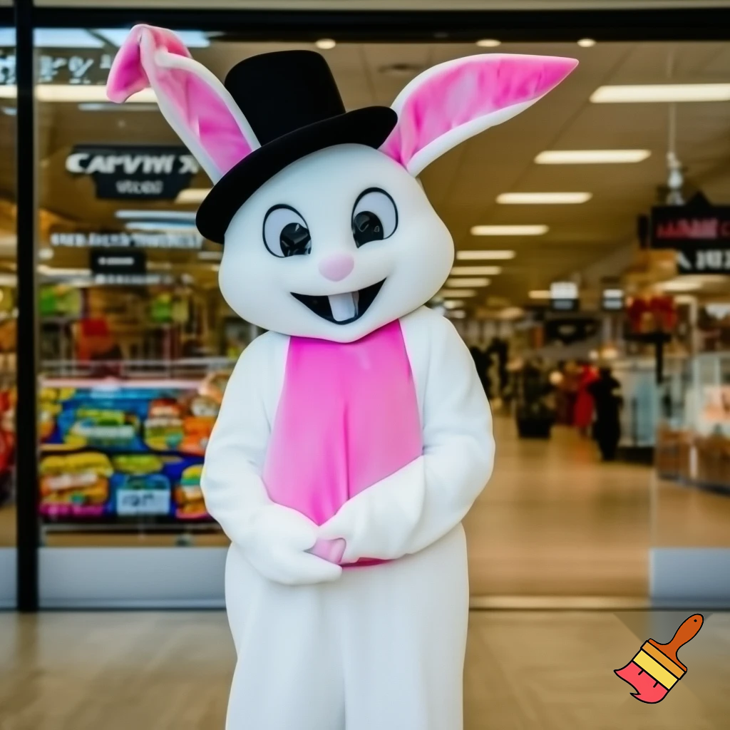 Easter bunny mascot top hat at the shopping centre mascot costume Darrell Lea magic room