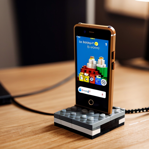 LEGO smartphone standing upright on a desk, battery icon at 100%, subtle visual tension, neutral indoor environment, cinematic LEGO style, shallow depth of field, realistic lighting, vertical 9:16
