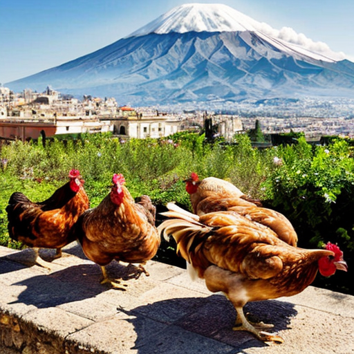 Crea un immagine che contenga un gruppo di galline, in centro a Catania e sullo sfondo l'Etna. Il tutto deve essere circondata da fichi d'india e arance
