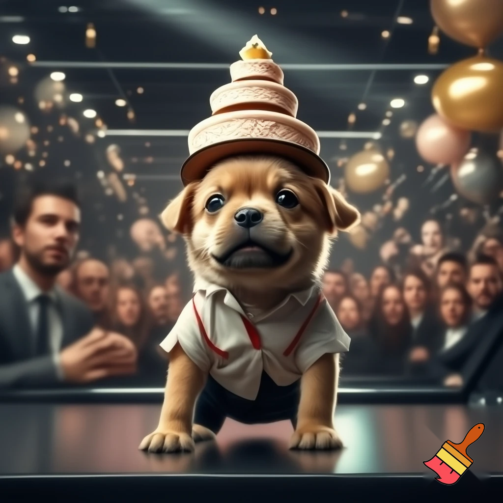 "A tiny, cute, small light-brown baby puppy standing inside a large luxurious modern office filled with many people. The puppy looks very shy. He is wearing a dirty and torn white shirt with red outline and a half-dirty black pant. The office is decorated for a birthday party — balloons, fairy lights, shiny golden décor. The puppy is carrying a huge triple-layer cake on his head, struggling to balance it. Cinematic soft lighting, realistic 3D style, emotional atmosphere, people in the background staring."