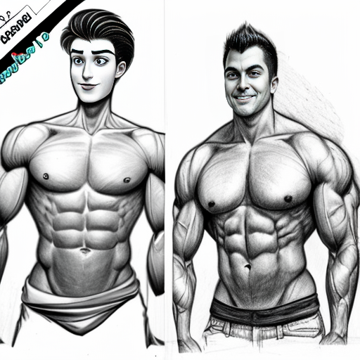 pencil drawing cartoon style of different poses of 2 men, one muscular man and one thin, underweight man with a cane
