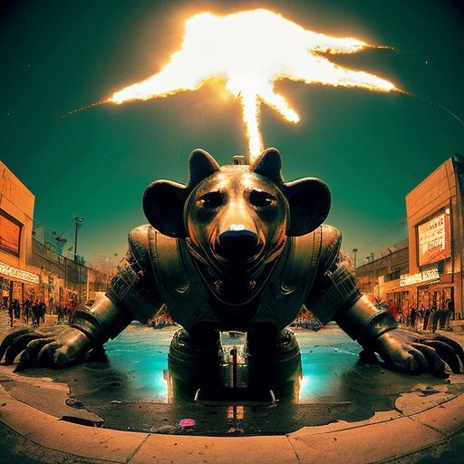 A radioactive neon superstorm detonates over Israel, but this is not a postcard — it’s an operatic meltdown of reality itself. The Mediterranean boils into fluorescent slime as skyscrapers twist like furious chrome serpents, vomiting holographic advertisements into a sky the color of poisoned amethyst. A colossal cyber-hyena with molten circuitry veins stalks across the skyline, its laughter shattering satellites into glittering shrapnel. Thunderclouds shaped like shattered crowns spit acid rain that hisses on contact with the pavement, carving glowing runes of pure chaos into the streets. The air tastes like ozone, rebellion, and burnt sugar.

Across a levitating boardwalk of glitching pixels and flaming street signs, grotesquely over-the-top tourist caricatures in oversized mech suits argue with a parliament of venomous parrots wearing gold-plated gas masks. A gigantic mutant alligator made of oil slick and broken mirrors drags itself through a fountain of liquid energy drinks, snapping at drones shaped like screaming cherubs. Nearby, a pride of lions with flaming manes made of corrupted data prowl through piles of melting marble statues, while obese, winged bulldogs belch plumes of glittering smog that morph into corporate logos before exploding. Everything is excessive, loud, intentionally abrasive — a maximalist fever dream choking on its own spectacle.

In the foreground, a furious raccoon in a spiked leather jacket spray-paints the moon with toxic-green graffiti while riding a rocket-powered shopping cart through a tornado of shattered fast-food crowns and burning velvet curtains. A massive vulture with chrome talons perches atop a throne of cracked smartphones, screaming binary curses into a megaphone made of bone and crystal. The entire image is drenched in corrosive neon, hyper-contrast shadows, aggressive fisheye distortion, and apocalyptic 64K detail — a visually “toxic” symphony of excess where subtlety has been obliterated, reality is glitching beyond repair, and the universe itself seems one sarcastic comment away from spontaneous combustion.