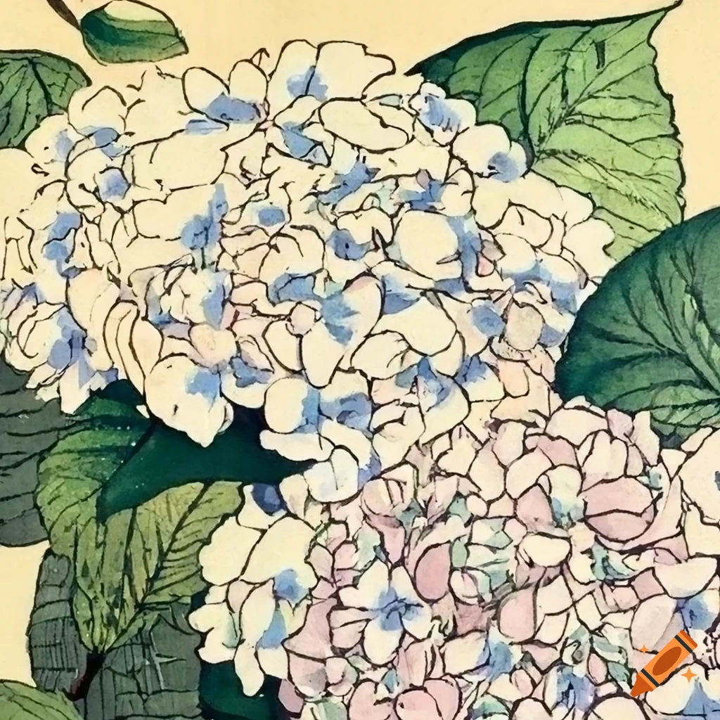 hydrangea flowers, on garden table, in the rain, ukiyo-e