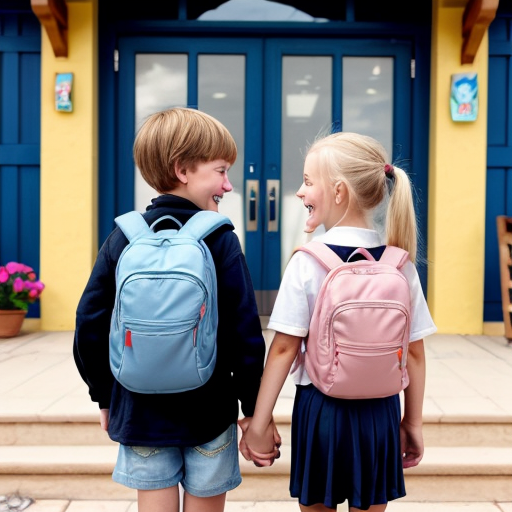 A bright, colorful children’s book cover in the style of a Disney cartoon. In the center, a smiling girl stands in front of a cheerful elementary school building, next to her younger brother who has Down syndrome and autism.

The girl has light skin and big expressive eyes. She has blonde hair in a high ponytail with a cute hair tie. She is wearing a light pink skirt and a white ruffled shirt, with a colorful backpack on her shoulders.

Her brother has light skin, short fluffy hair, and gentle, happy eyes. Show his features clearly so it’s clear he has Down syndrome, but in a kind and respectful way. He is wearing a dark blue shirt, black shorts, and a backpack. He is smiling and standing close to his sister, maybe holding her hand or standing shoulder to shoulder, to show their strong, loving bond.

Behind them is a warm, welcoming school building with big windows, a front door, and the school name on a sign or banner. Add trees, flowers, and a sunny blue sky with soft clouds to make the scene bright and happy, like a Disney movie background.

At the top of the cover, in large, playful, Disney-like letters, write the title: “Posey’s Story”.
Leave space at the bottom for the author’s name.

The overall style should be like a Disney animated film: soft shading, big friendly eyes, rounded shapes, and an emotional, heartwarming feeling that celebrates siblings, kindness, and inclusion. Make it more cartoon