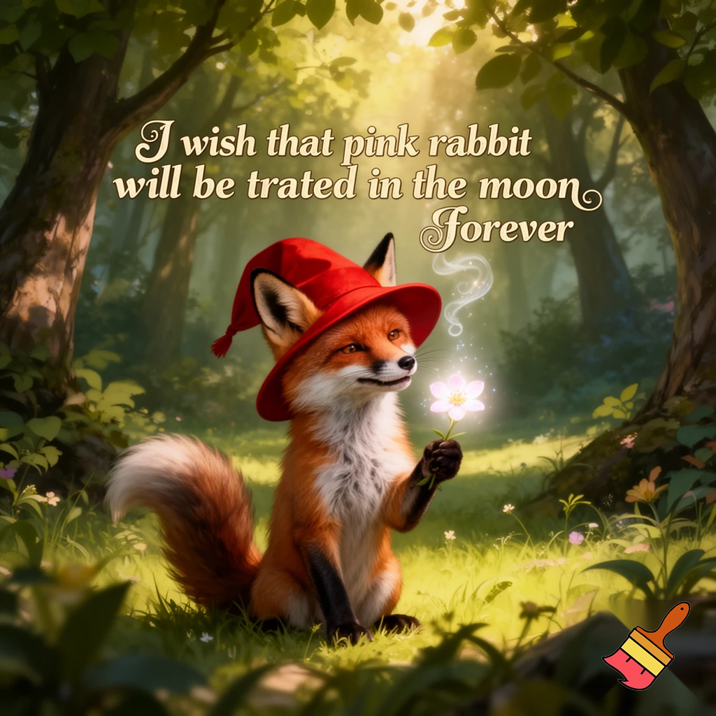 then the fox  with a red hat hold the magic flower and says i wish that pink rabbit will be trated in the moon forever