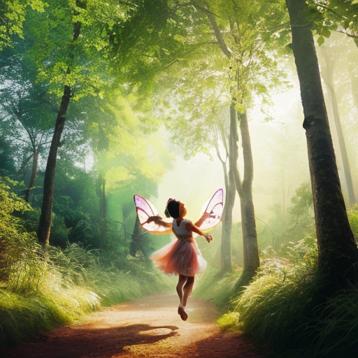 A magical lush green forest with sunlight filtering through tall trees, sparkling fairy dust in the air, chirping birds, and a small fairy named Laila flying with glowing wings, looking excited and curious. Soft magical atmosphere, cinematic wide shot, colorful and bright.