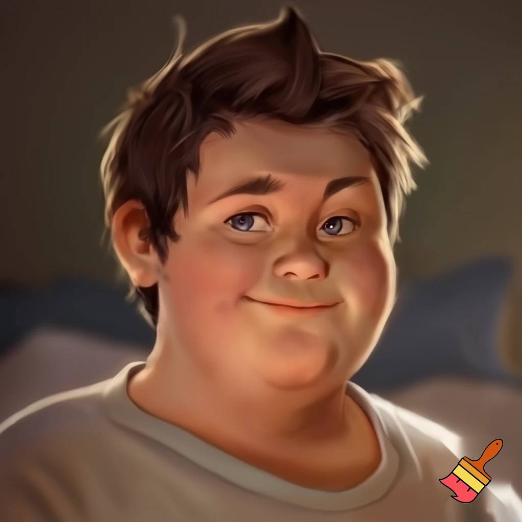 Ben spiky brown hair with short upper bits 13 yards old and overweight 
