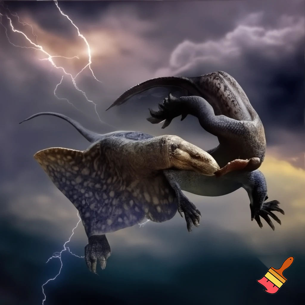 Half stingrays half komodo dragon flying swinging a lead pipe