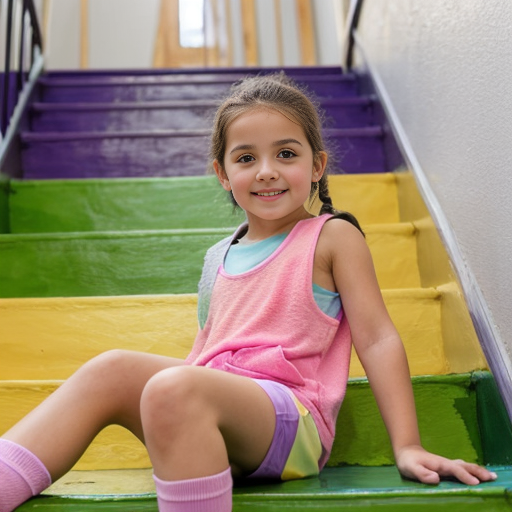 A girl lying down on the soft colourful Stairs wearing summer pink vests and purple shorts and yellow socks in indoor playground age 5 - 10